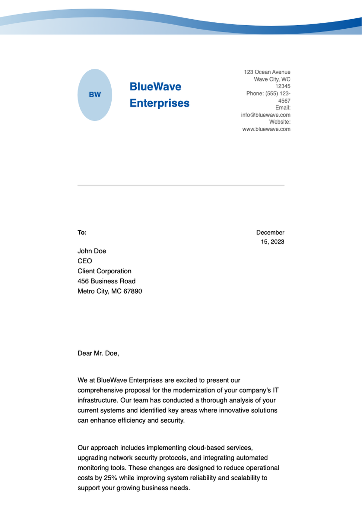 Professional business letter template with blue wave header and footer_variant_3